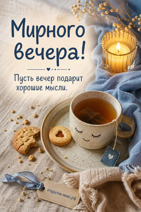 Большая кружка с улыбающейся мордочкой, печенье и горящая свеча на бежевом подносе с синим пледом