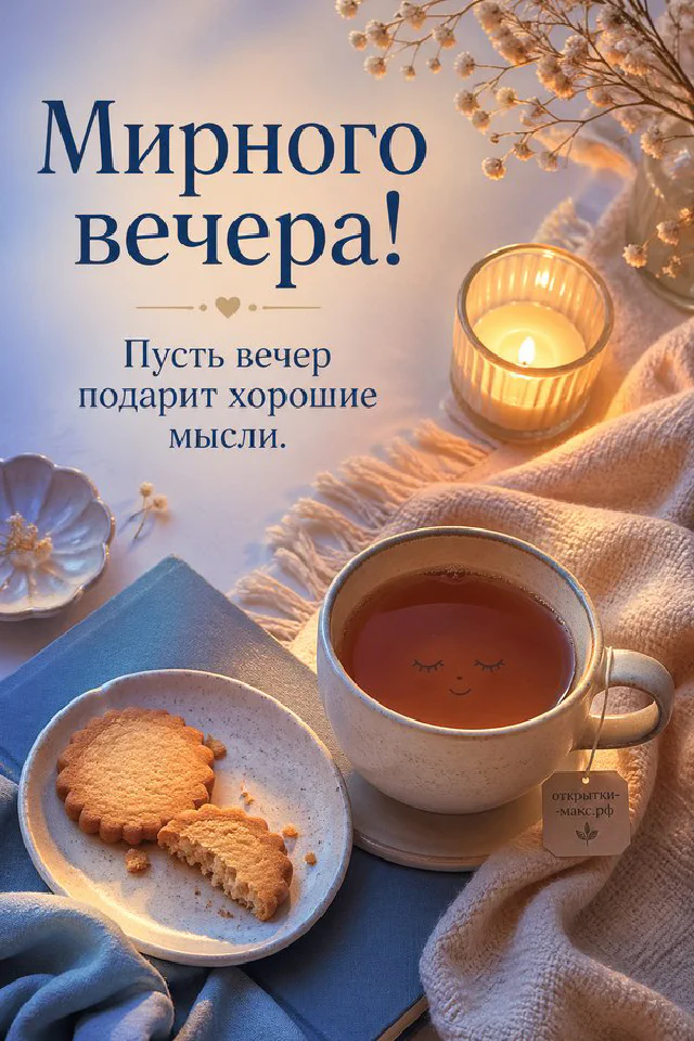 Большая кружка с улыбающейся мордочкой, печенье и горящая свеча на бежевом подносе с синим пледом — вариант 2