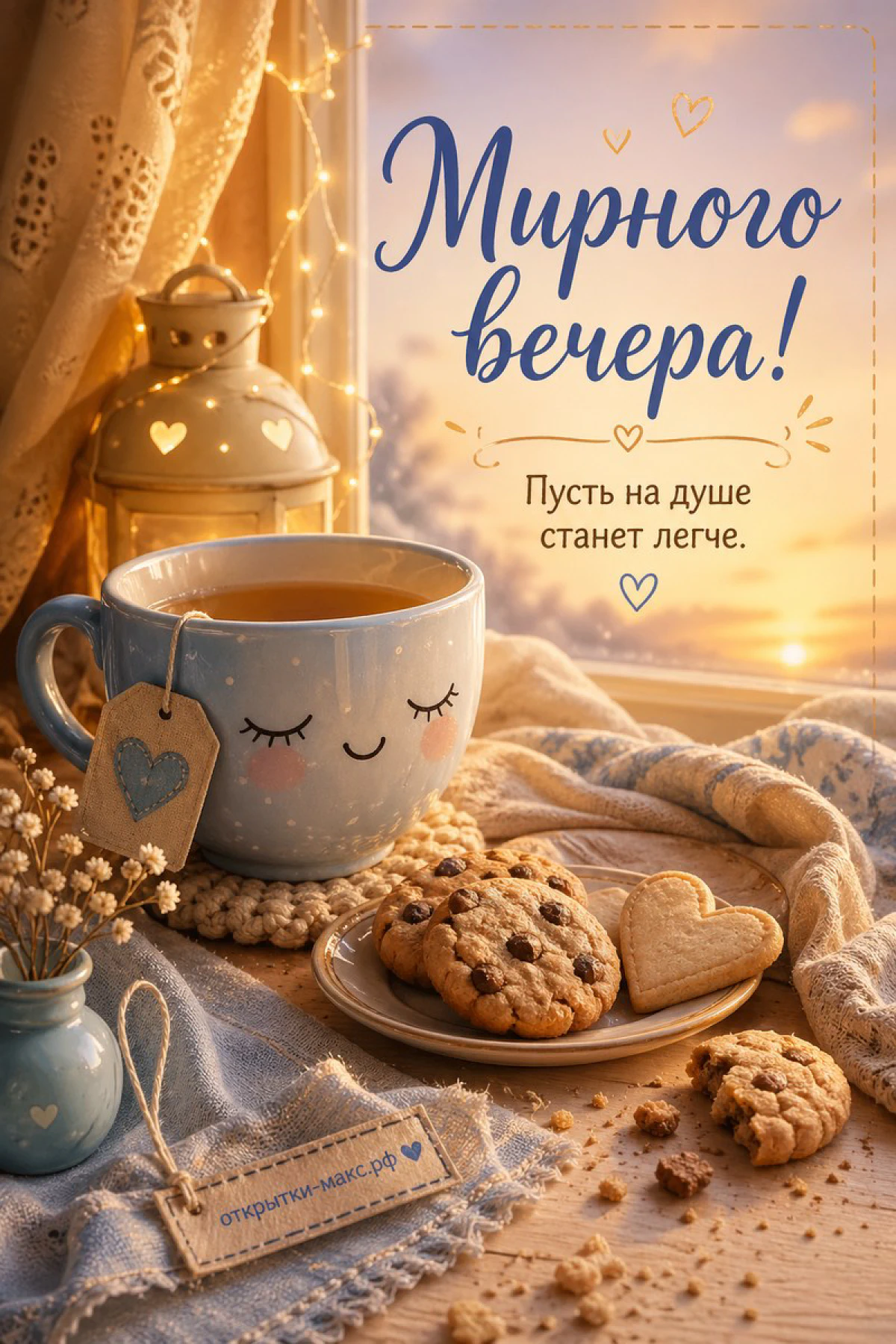 Голубая кружка с чаем и смайлом, печенье и фонарь на подоконнике с закатом — открытка Мирного вечера