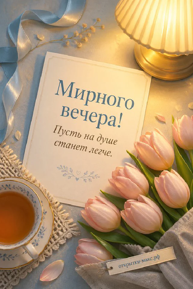 Голубая кружка с чаем и смайлом, печенье и фонарь на подоконнике с закатом — открытка Мирного вечера — вариант 2
