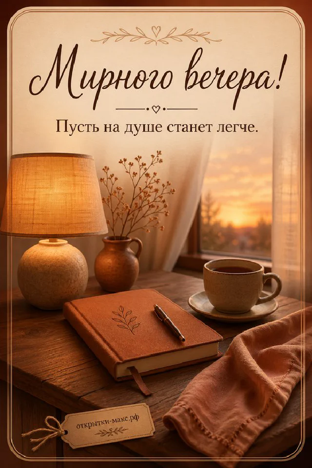 Голубая кружка с чаем и смайлом, печенье и фонарь на подоконнике с закатом — открытка Мирного вечера — вариант 3