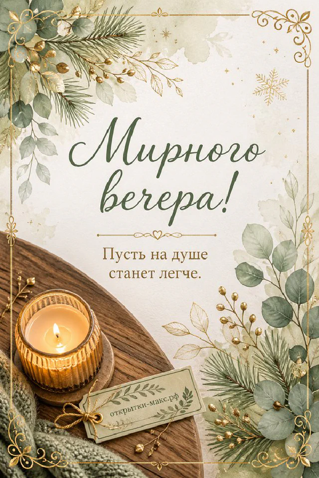 Голубая кружка с чаем и смайлом, печенье и фонарь на подоконнике с закатом — открытка Мирного вечера — вариант 4