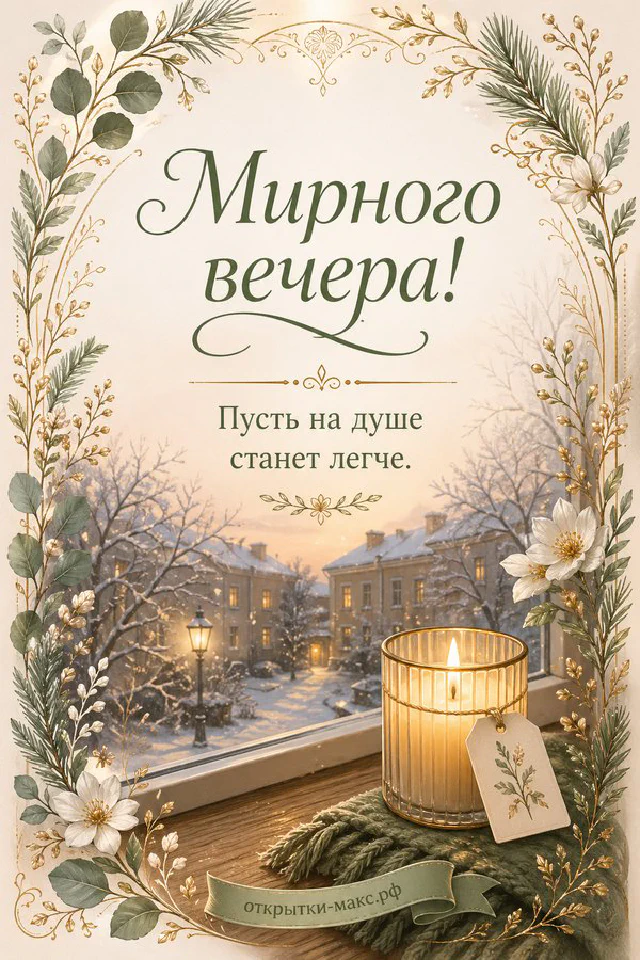 Голубая кружка с чаем и смайлом, печенье и фонарь на подоконнике с закатом — открытка Мирного вечера — вариант 6