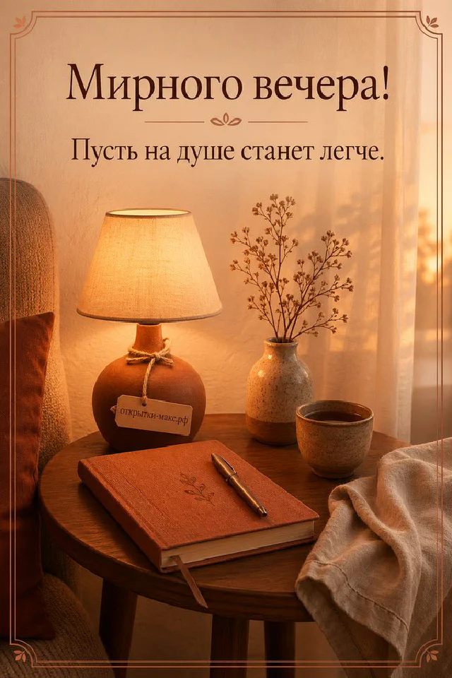 Голубая кружка с чаем и смайлом, печенье и фонарь на подоконнике с закатом — открытка Мирного вечера — вариант 7