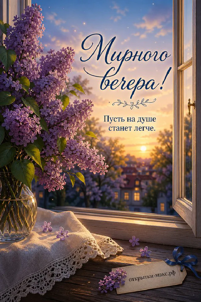 Голубая кружка с чаем и смайлом, печенье и фонарь на подоконнике с закатом — открытка Мирного вечера — вариант 8