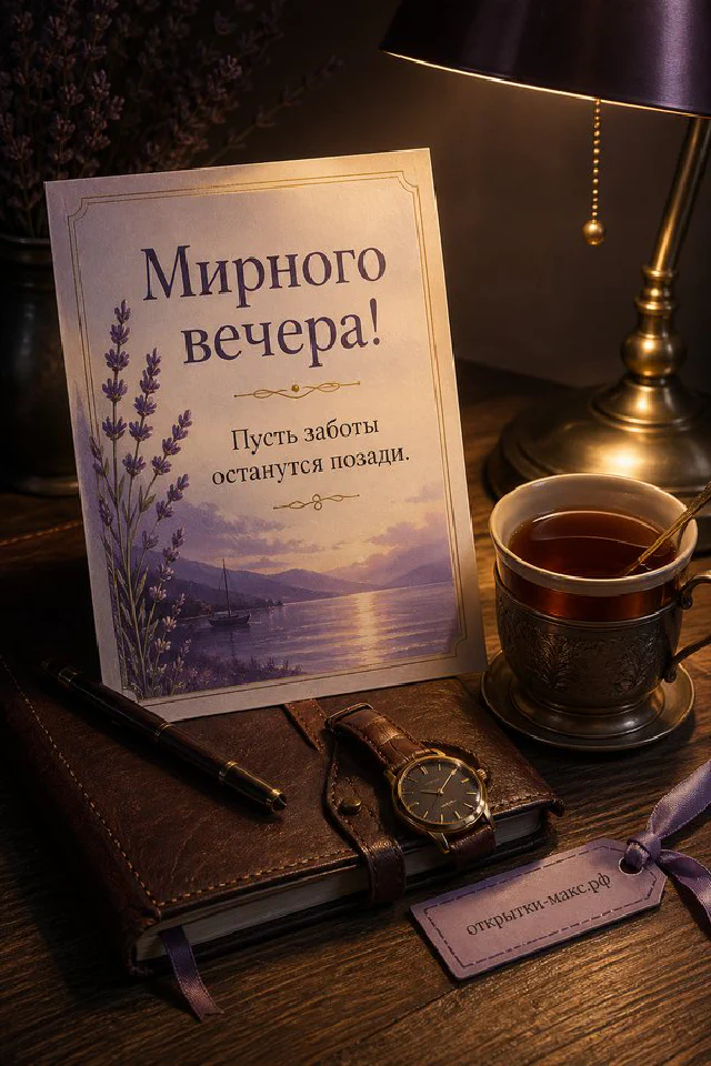 Акварельный вид на вечерние крыши и закат из окна со свечой и зелёными листьями — открытка Мирного вечера — вариант 3