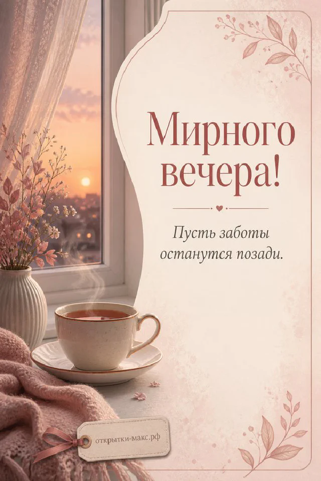 Акварельный вид на вечерние крыши и закат из окна со свечой и зелёными листьями — открытка Мирного вечера — вариант 5