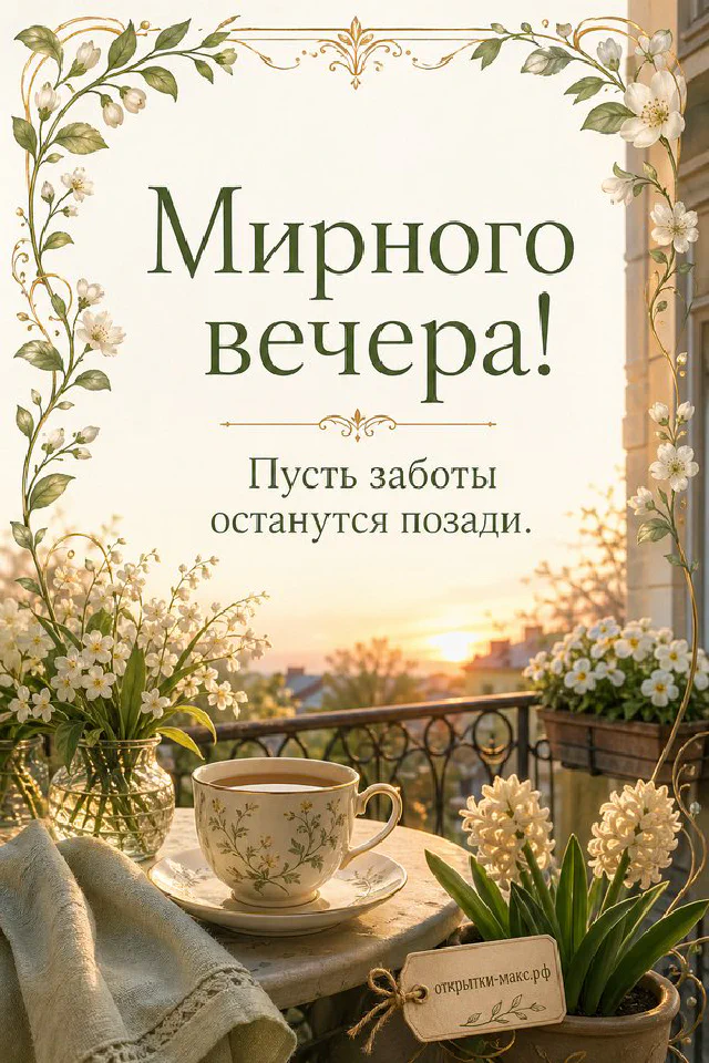 Акварельный вид на вечерние крыши и закат из окна со свечой и зелёными листьями — открытка Мирного вечера — вариант 7