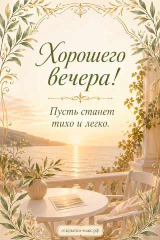 Белый столик с вазой на террасе с видом на море и золотой закат в рамке из листьев