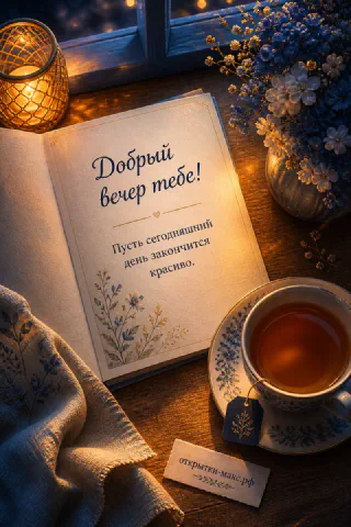 Открытая книга с цветочным декором, янтарная свеча, чашка с чаем и голубые цветы в вазе