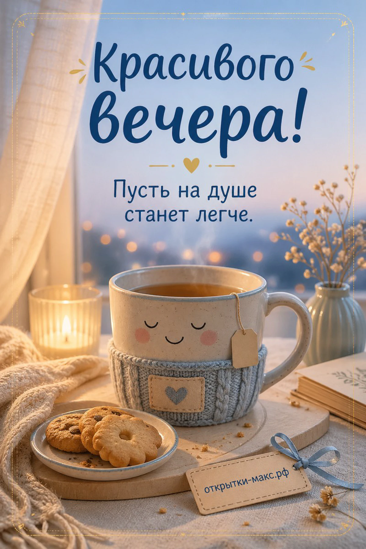 Кружка с улыбкой в голубом вязаном чехле, домашнее печенье и маленькая свеча