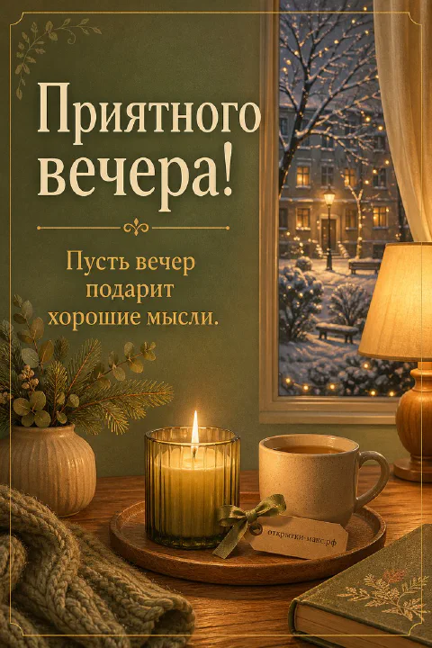 Горящая свеча в янтарном стакане на деревянном подносе, кружка чая и вазочка с хвоей у заснеженного ночного окна