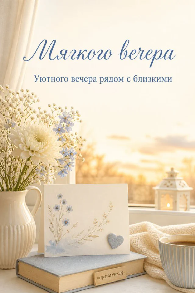 Открытая книга и чашка с сердечком на подоконнике у заснеженного окна в золотистом вечернем свете — вариант 2