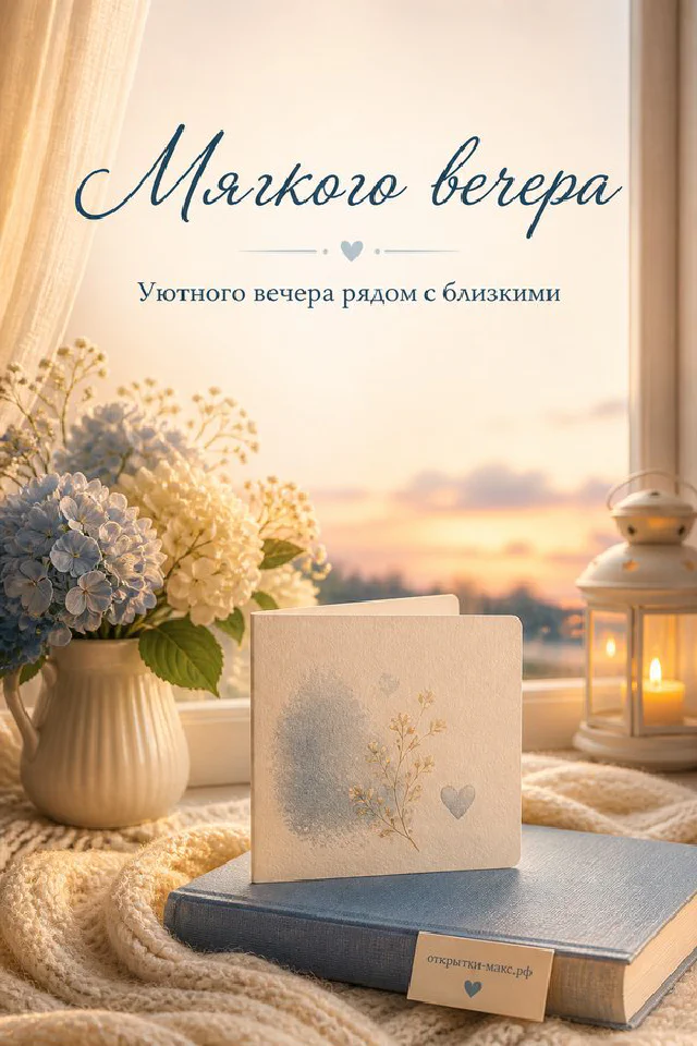 Открытая книга и чашка с сердечком на подоконнике у заснеженного окна в золотистом вечернем свете — вариант 3