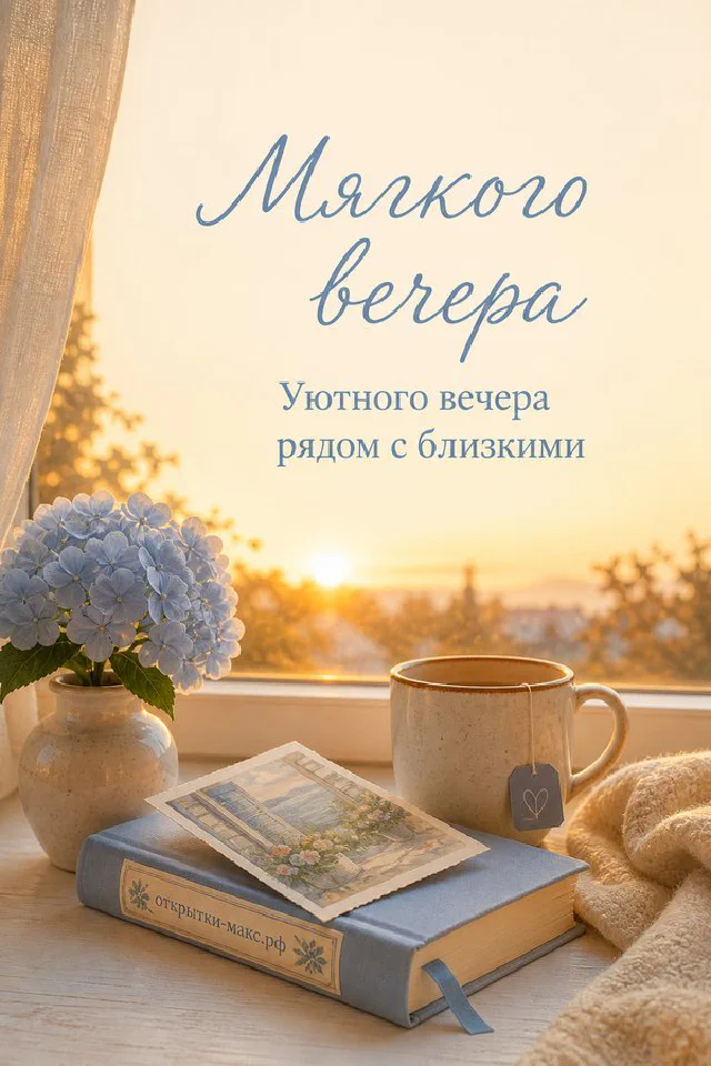 Открытая книга и чашка с сердечком на подоконнике у заснеженного окна в золотистом вечернем свете — вариант 4
