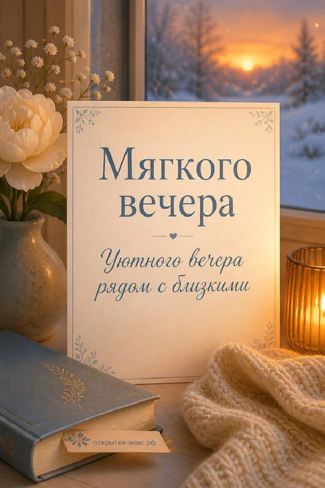 Открытая книга и чашка с сердечком на подоконнике у заснеженного окна в золотистом вечернем свете — вариант 5