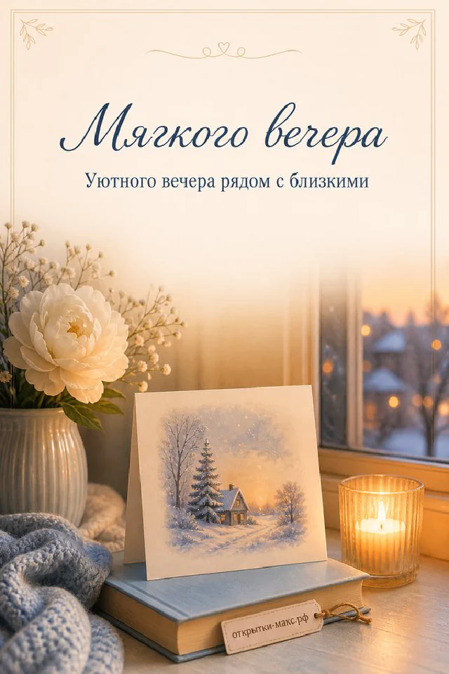 Открытая книга и чашка с сердечком на подоконнике у заснеженного окна в золотистом вечернем свете — вариант 6