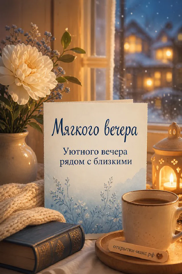 Открытая книга и чашка с сердечком на подоконнике у заснеженного окна в золотистом вечернем свете — вариант 7
