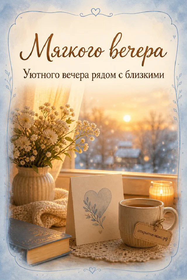 Открытая книга и чашка с сердечком на подоконнике у заснеженного окна в золотистом вечернем свете — вариант 8