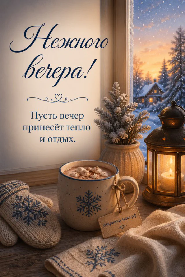 Большая чашка ромашкового чая с тегом-сердечком у тёмного окна со звёздами, рядом настольная лампа — вариант 2