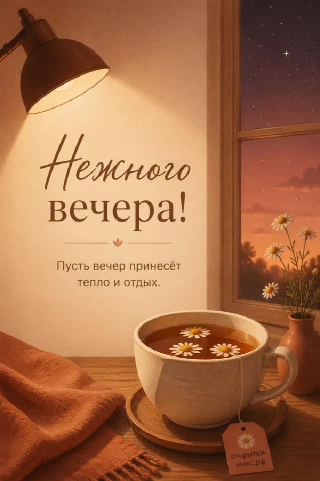 Большая чашка ромашкового чая с тегом-сердечком у тёмного окна со звёздами, рядом настольная лампа — вариант 3