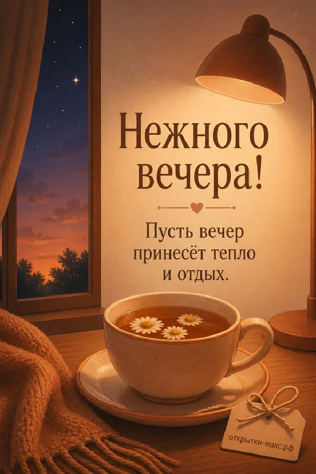 Большая чашка ромашкового чая с тегом-сердечком у тёмного окна со звёздами, рядом настольная лампа — вариант 4