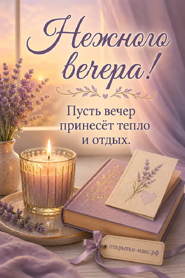 Большая чашка ромашкового чая с тегом-сердечком у тёмного окна со звёздами, рядом настольная лампа — вариант 6