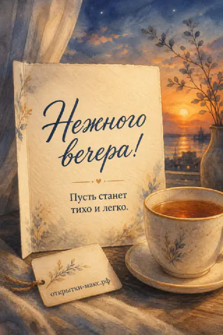 Акварельная открытка с чашкой чая и книгой на фоне морского заката с надписью Нежного вечера