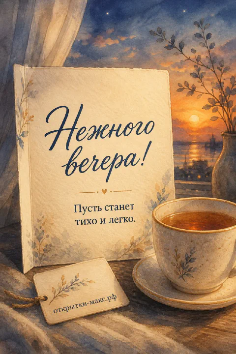 Акварельная открытка с чашкой чая и книгой на фоне морского заката с надписью Нежного вечера