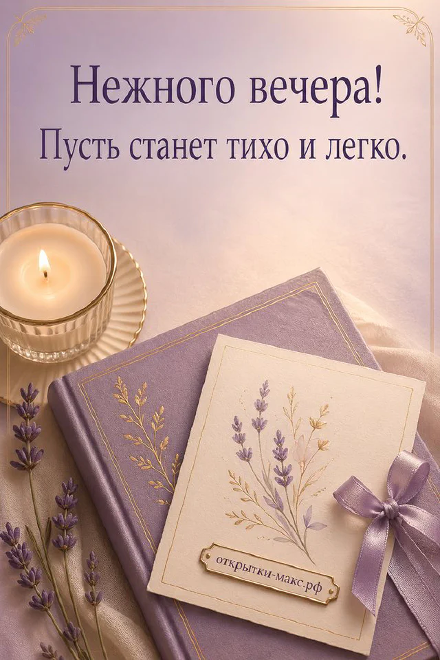 Акварельная открытка с чашкой чая и книгой на фоне морского заката с надписью Нежного вечера — вариант 3