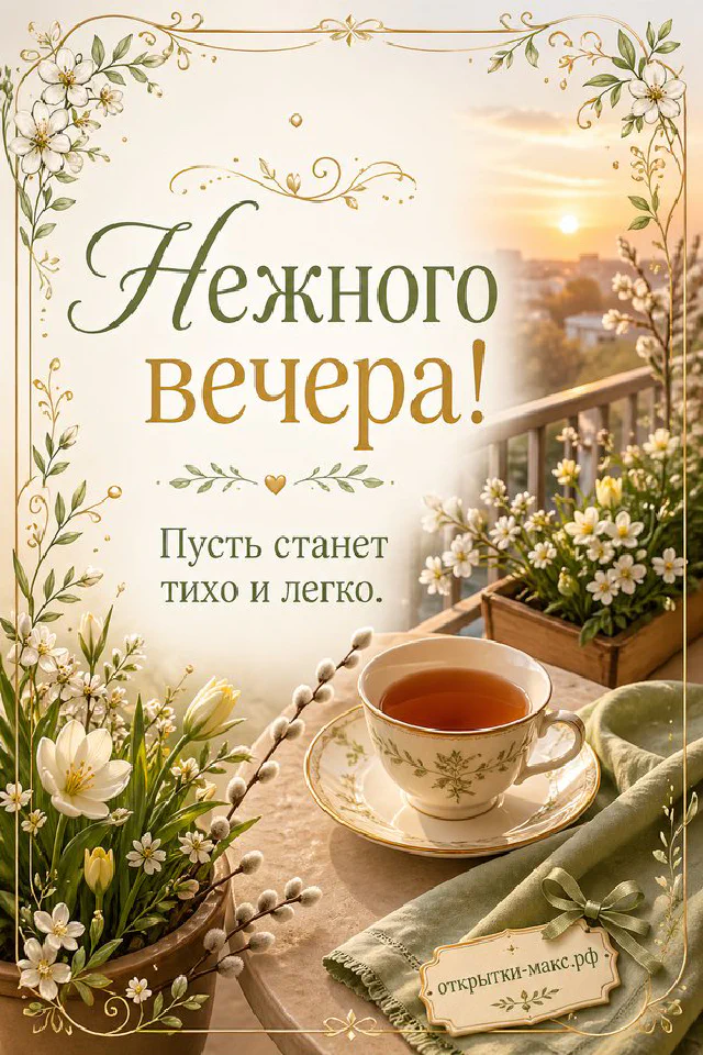 Акварельная открытка с чашкой чая и книгой на фоне морского заката с надписью Нежного вечера — вариант 4
