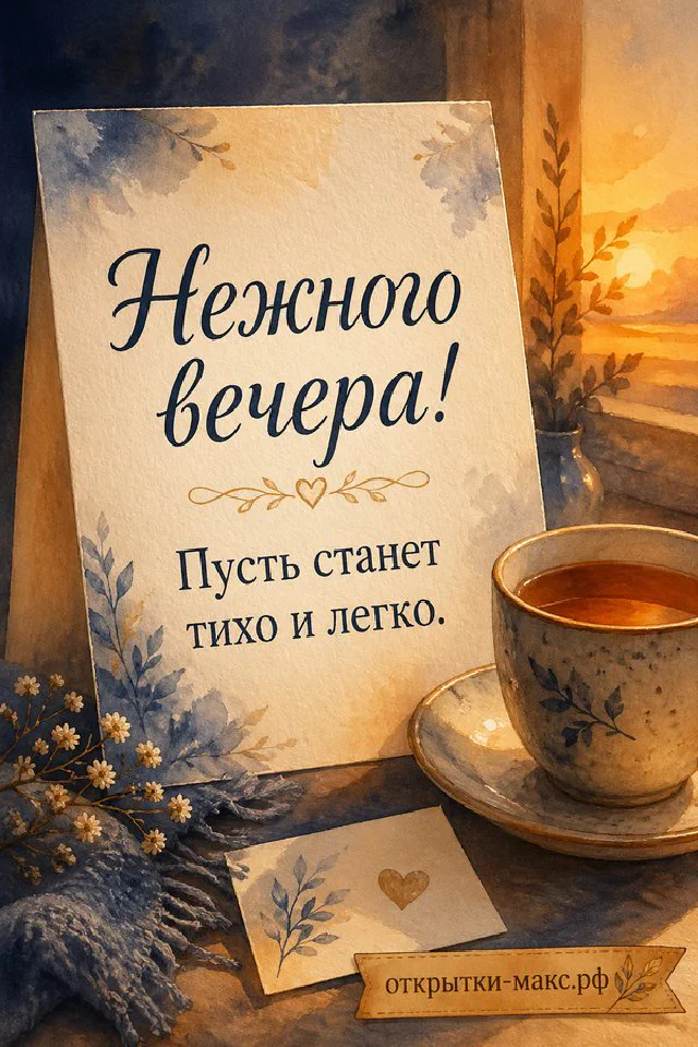 Акварельная открытка с чашкой чая и книгой на фоне морского заката с надписью Нежного вечера — вариант 5