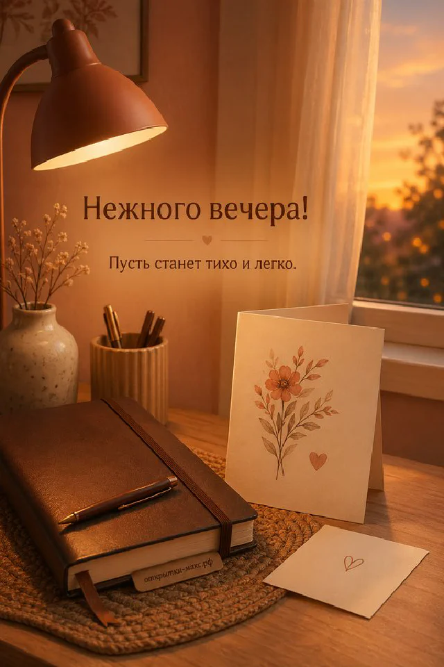 Акварельная открытка с чашкой чая и книгой на фоне морского заката с надписью Нежного вечера — вариант 6