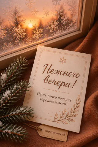 Открытка с надписью Нежного вечера рядом с еловой веткой на морозном стекле с закатным светом