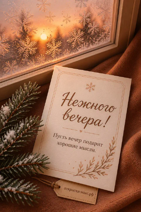 Открытка с надписью Нежного вечера рядом с еловой веткой на морозном стекле с закатным светом