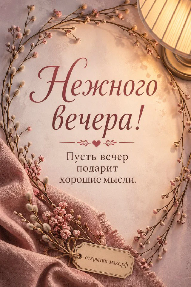 Открытка с надписью Нежного вечера рядом с еловой веткой на морозном стекле с закатным светом — вариант 2