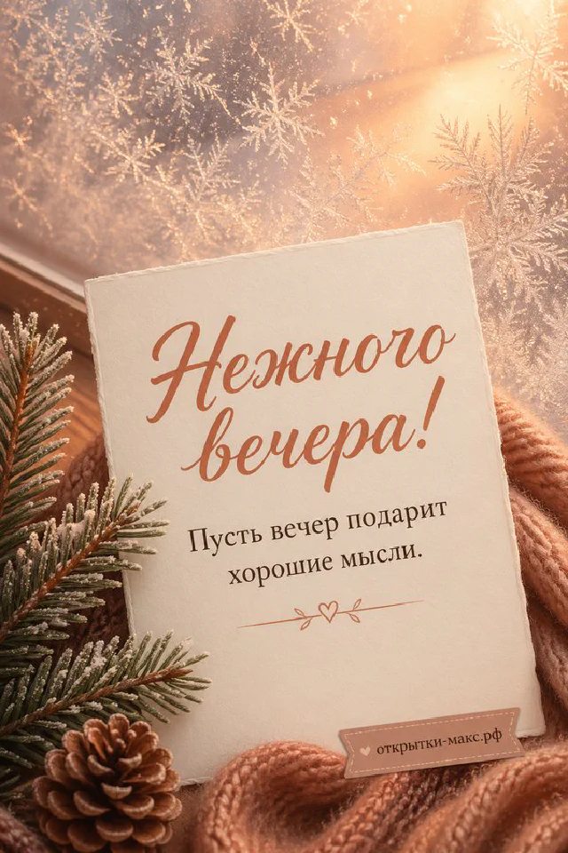 Открытка с надписью Нежного вечера рядом с еловой веткой на морозном стекле с закатным светом — вариант 3