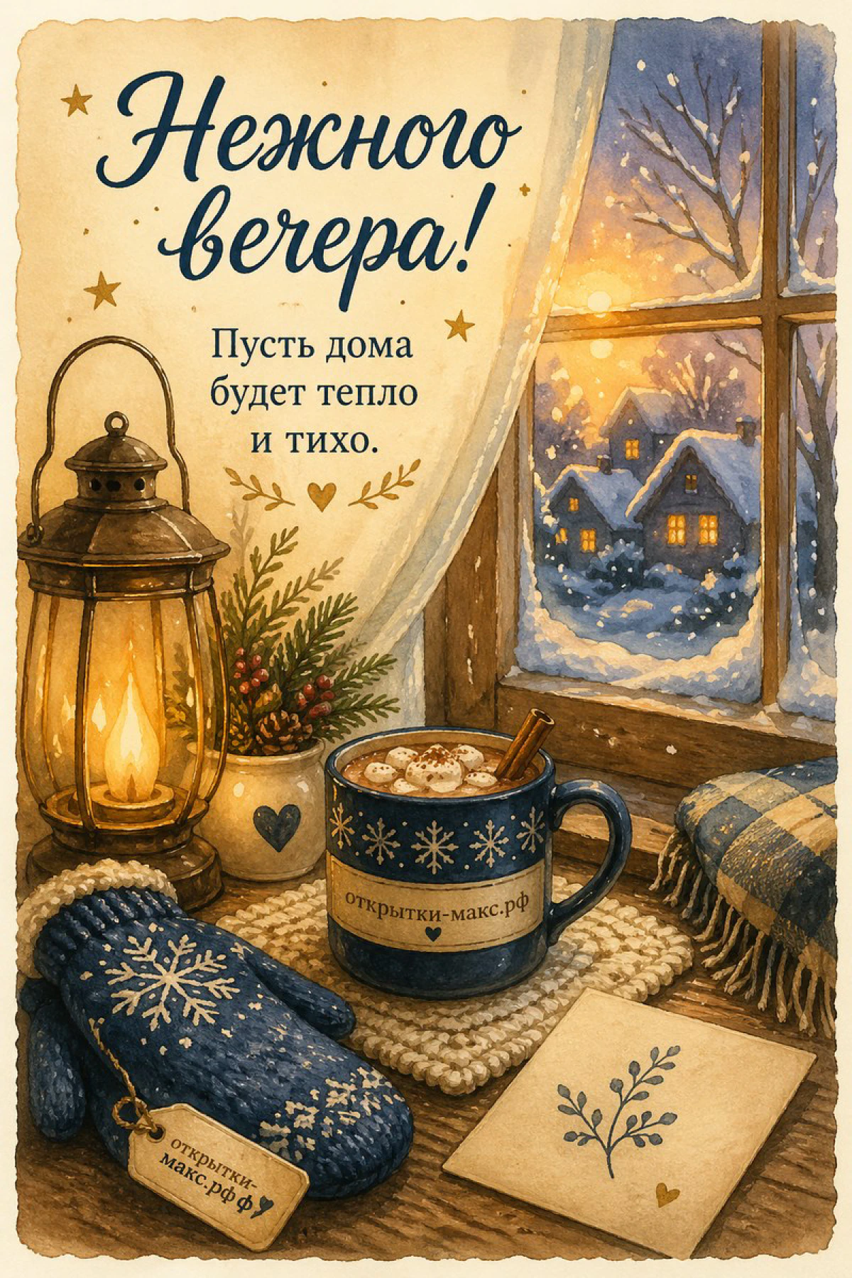 Акварельный натюрморт с фонарём, синей кружкой какао, варежками и открыткой на фоне зимнего окна