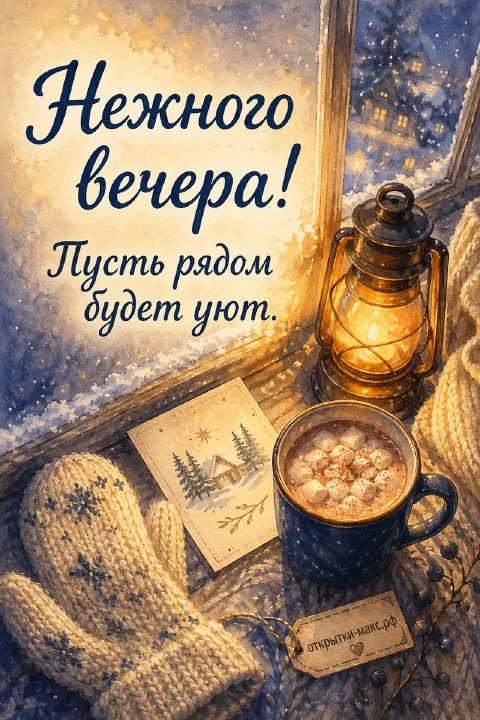 Акварельный натюрморт с фонарём, синей кружкой кофе и белыми варежками в снежную ночь у окна