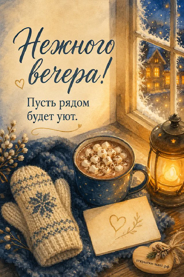 Акварельный натюрморт с фонарём, синей кружкой кофе и белыми варежками в снежную ночь у окна — вариант 2