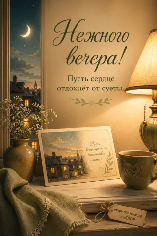 Зелёная настольная лампа и ваза с белыми цветами на столе с открыткой-пейзажем, за окном луна и ночной город