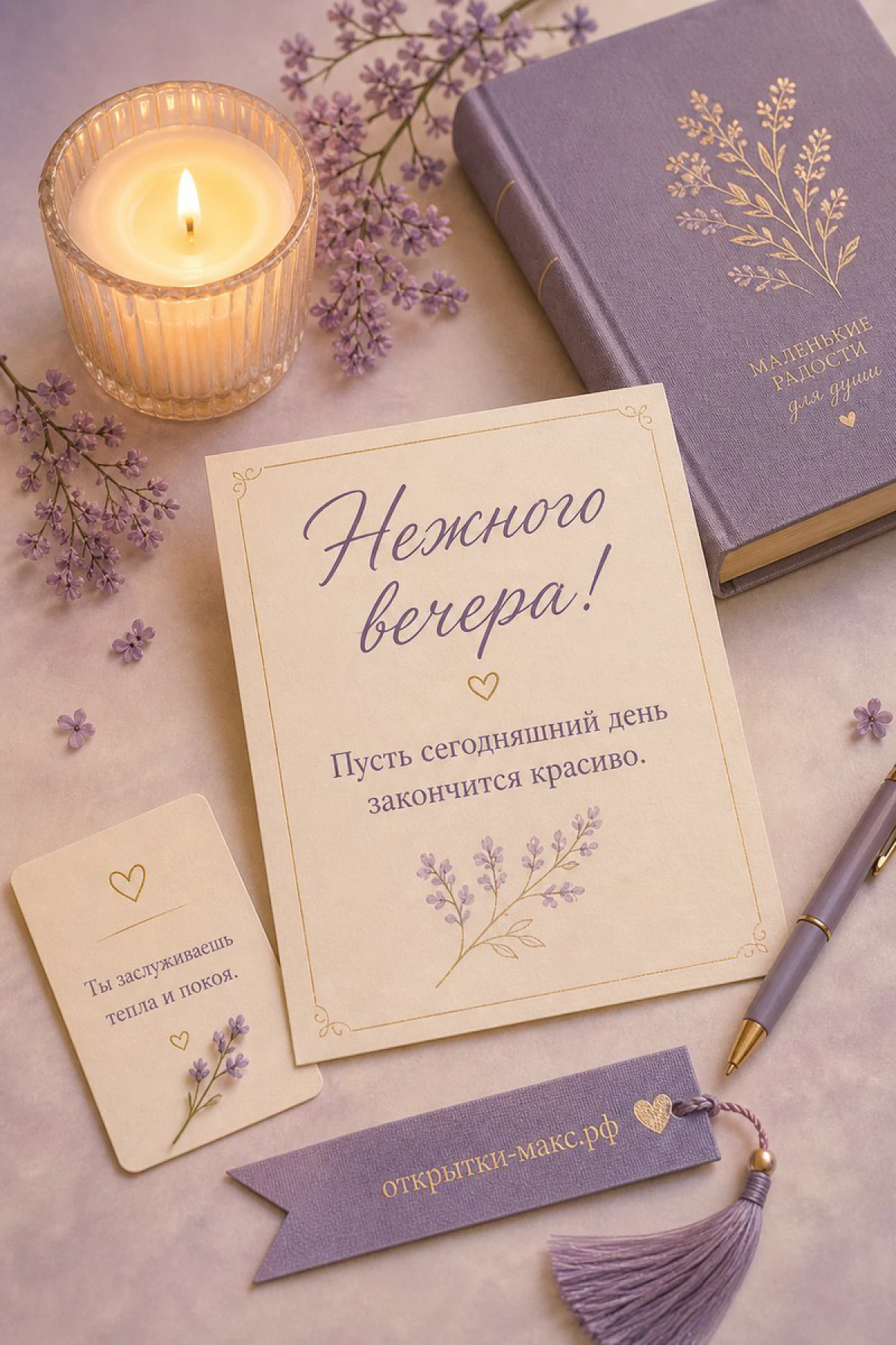 Горящая свеча в стакане, сиреневая книга, лаванда и записка с пожеланием на столе с закладкой с кисточкой