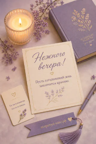 Горящая свеча в стакане, сиреневая книга, лаванда и записка с пожеланием на столе с закладкой с кисточкой