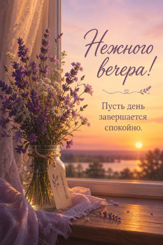 Букет лаванды и полевых цветов в стеклянной банке на деревянном подоконнике, за окном закат над рекой