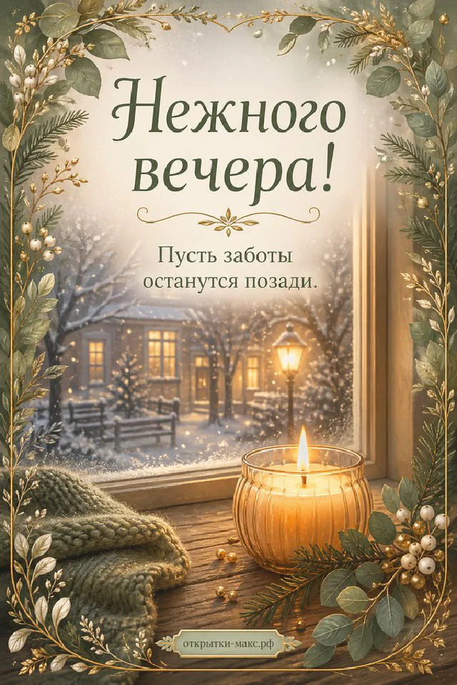 Горящая свеча на белом кружеве в рамке из еловых веток с золотыми украшениями, за окном заснеженный лес — вариант 2