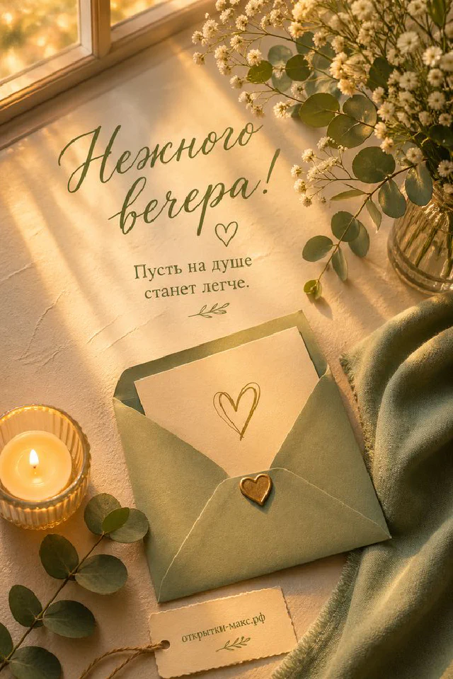 Рифлёная зелёная свеча на деревянном подоконнике с зимними ветками и открыткой-ёлочкой, снежный вид за окном — вариант 4