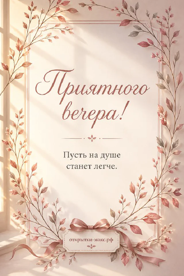 Карточка с надписью «Приятного вечера» на фоне окна с видом на вечерний город и молодой месяц — вариант 2