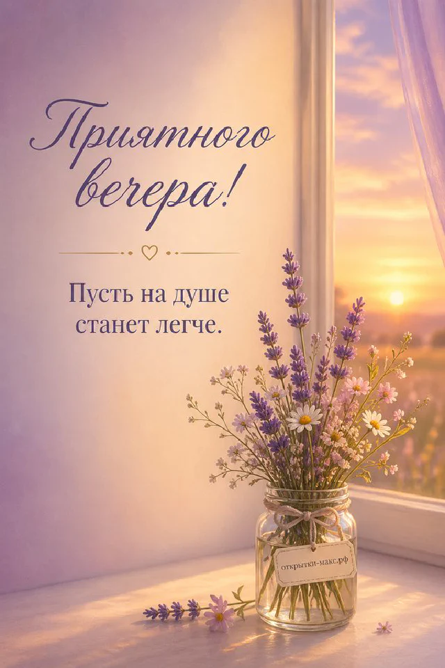 Карточка с надписью «Приятного вечера» на фоне окна с видом на вечерний город и молодой месяц — вариант 3