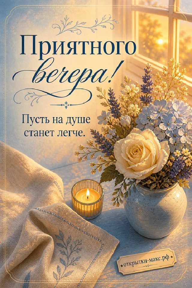 Карточка с надписью «Приятного вечера» на фоне окна с видом на вечерний город и молодой месяц — вариант 7