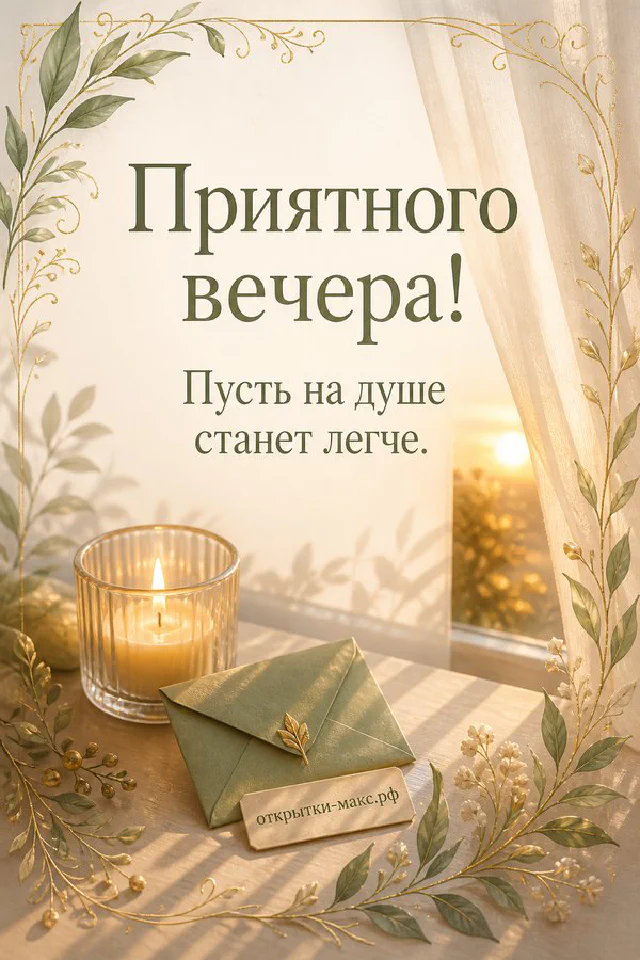 Карточка с надписью «Приятного вечера» на фоне окна с видом на вечерний город и молодой месяц — вариант 8